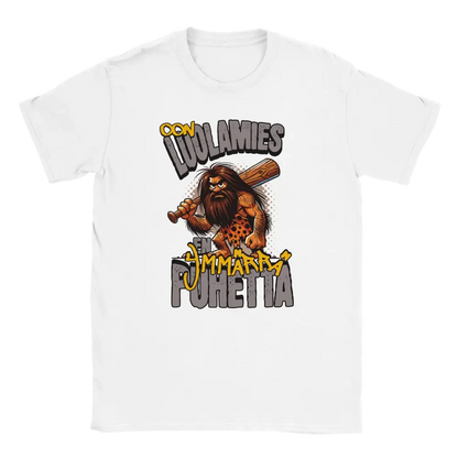 White T-shirt featuring a bearded caveman carrying a club with Finnish wording about not understanding speech.