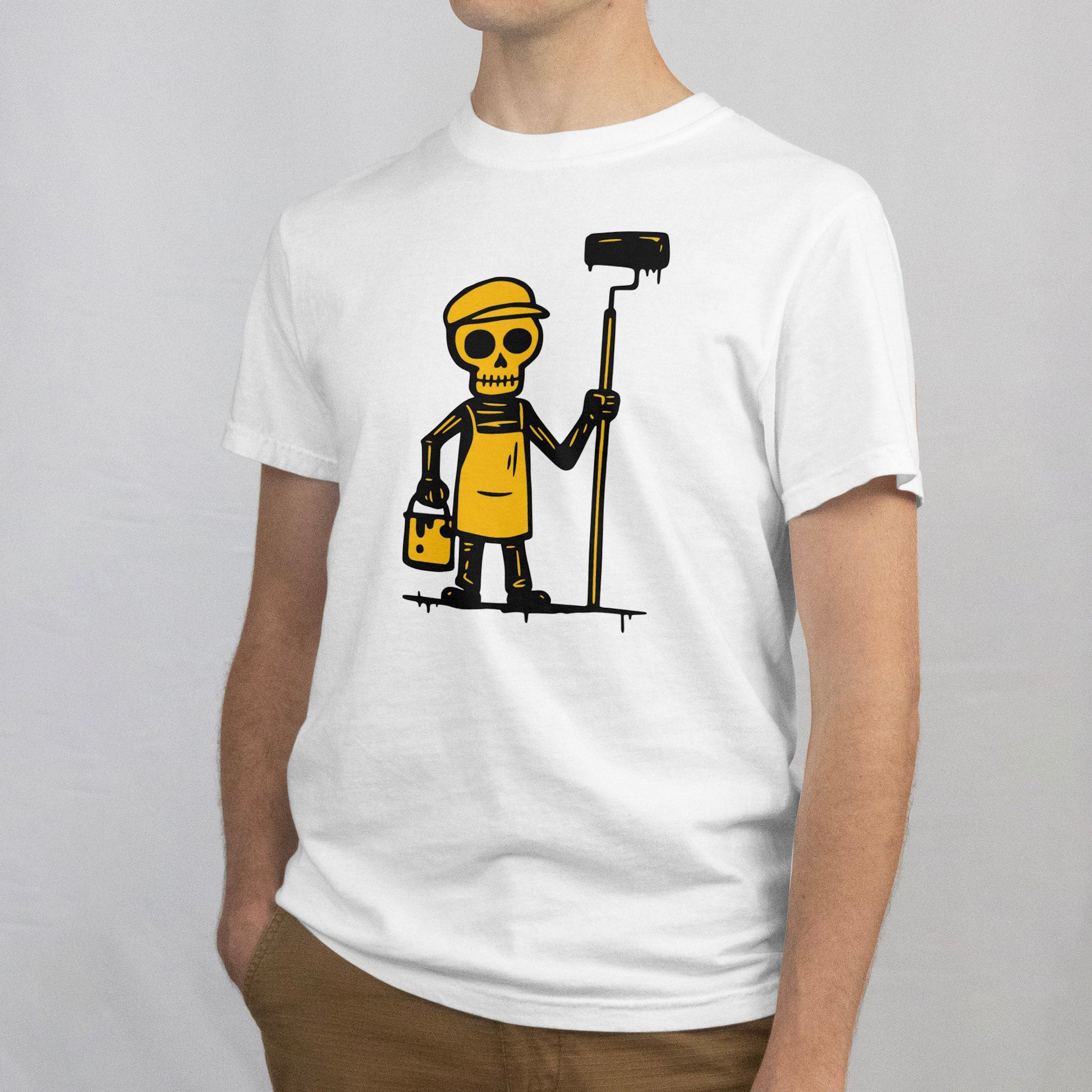 Maalari T-paita valkoinen t-paita cartoon-skeleton-painter grafiikalla