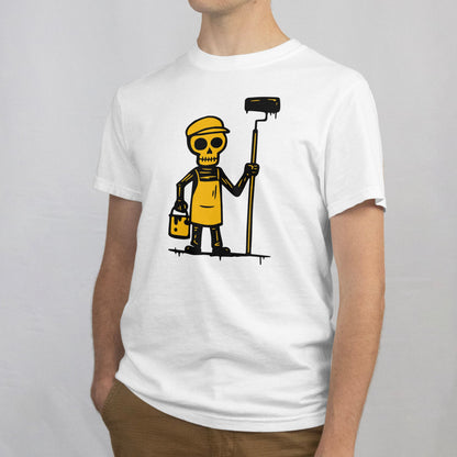 Maalari T-paita valkoinen t-paita cartoon-skeleton-painter grafiikalla