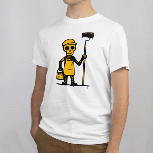 Maalari T-paita valkoinen t-paita cartoon-skeleton-painter grafiikalla