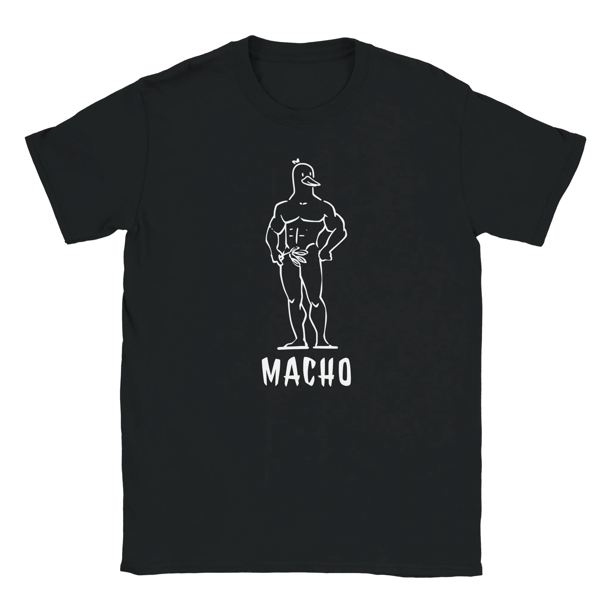 Macho Duck T-paita mustavalkoinen lihaksikas ankka-hahmo ja sana MACHO