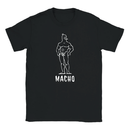Macho Duck T-paita mustavalkoinen lihaksikas ankka-hahmo ja sana MACHO