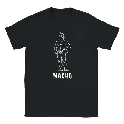 Macho Duck T-paita mustavalkoinen lihaksikas ankka-hahmo ja sana MACHO