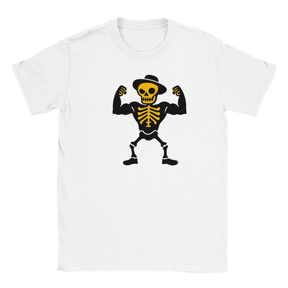 Macho T-paita valkoinen t-paita cartoon-luulla hatulla ja lihaksia esittävältä