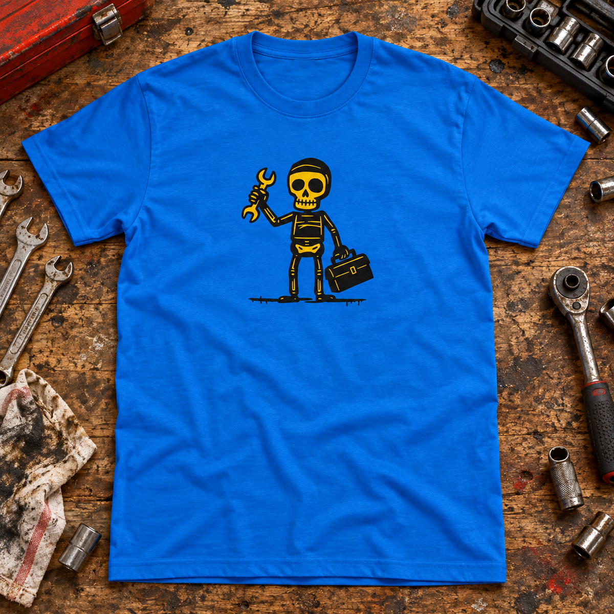 Royal blue Mekaanikko skeleton mechanic T-shirt on a garage workbench with spanners, sockets and a toolbox.