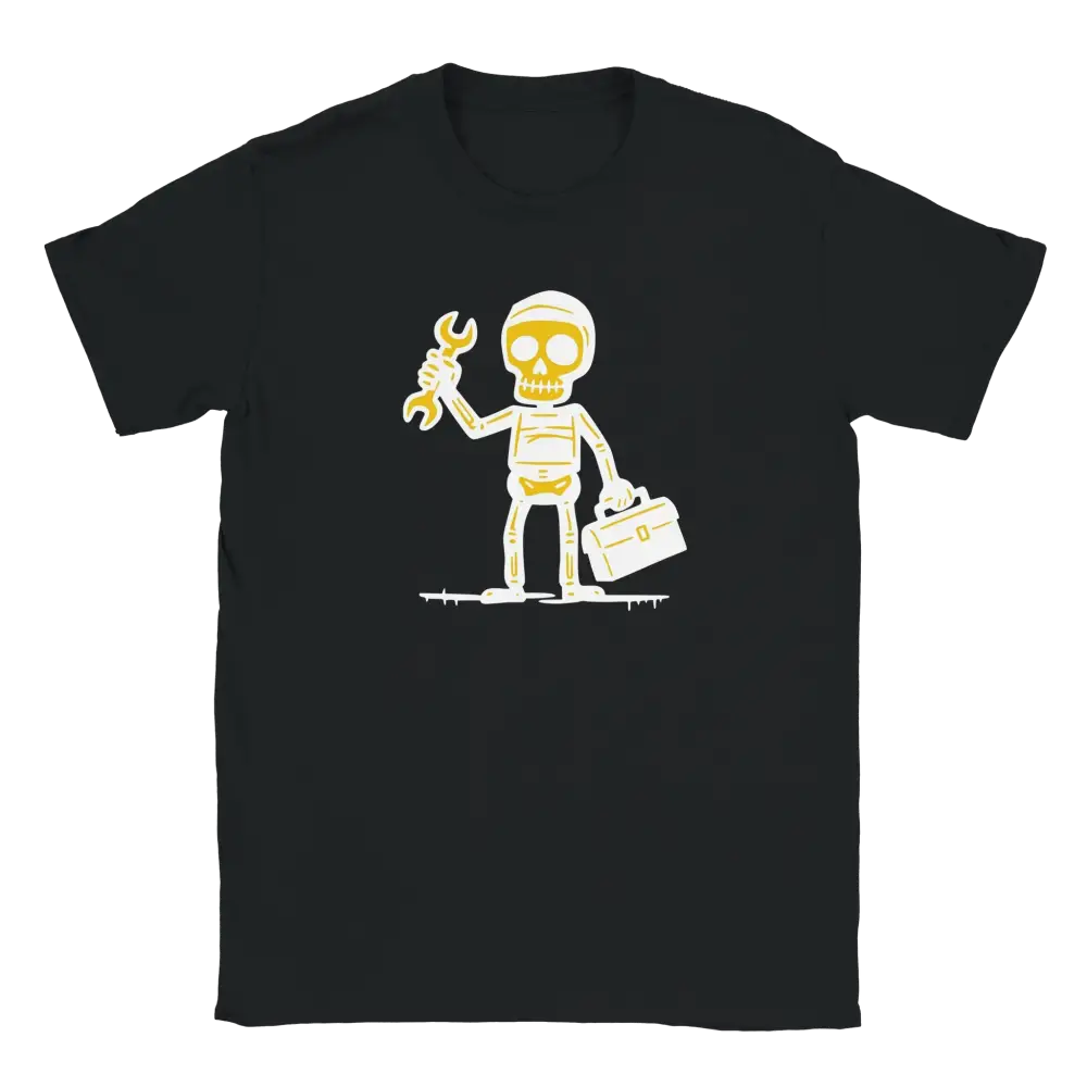 Mekaanikko T-paita musta skeleton valkoisessa kypärässä ja työkalut