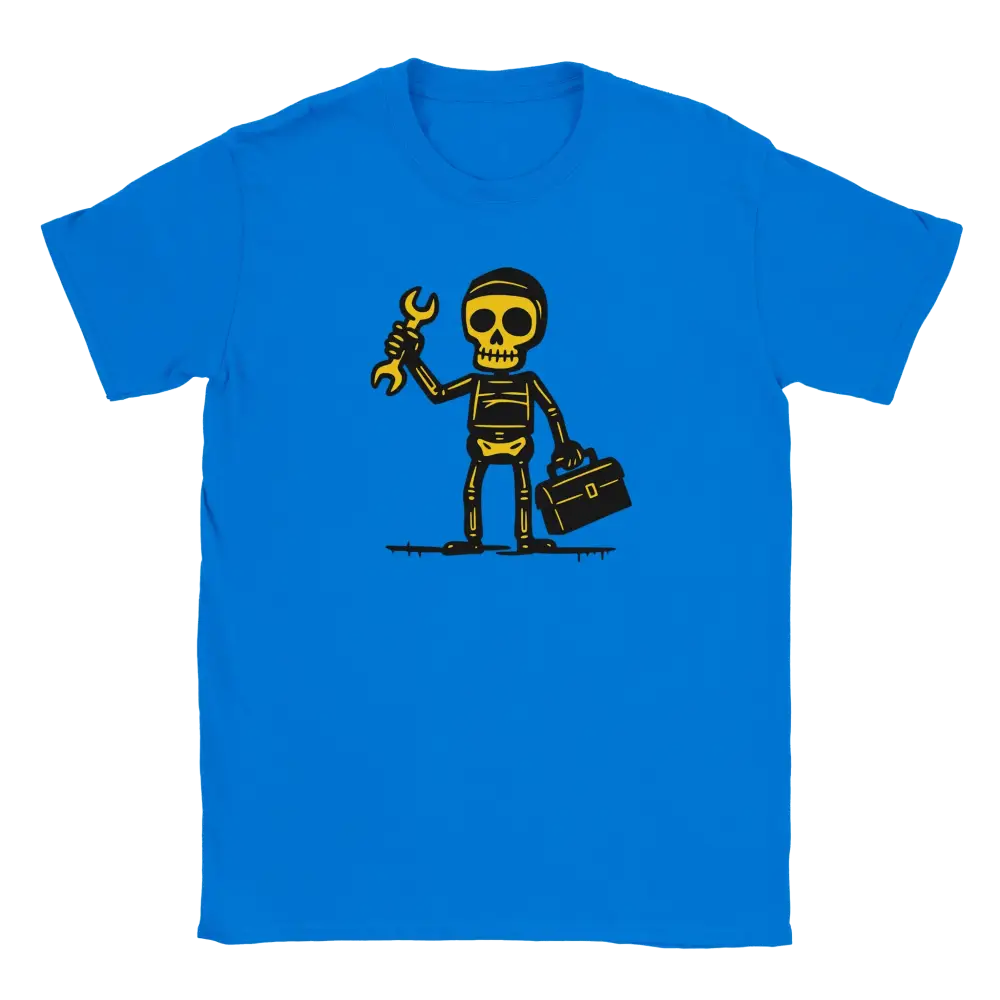 Blue T-shirt featuring a skeleton mechanic with a tool and toolbox.