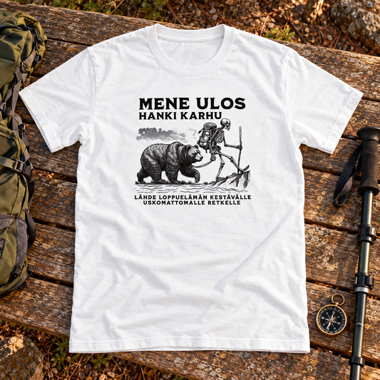 Themed flat-lay photograph of Mene Ulos, Hanki Karhu - T-paita with accessories related to its printed design.