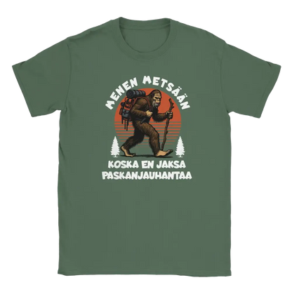 T-shirt featuring a gorilla hiker with a backpack and stick beside the Finnish words Menen mets��n.