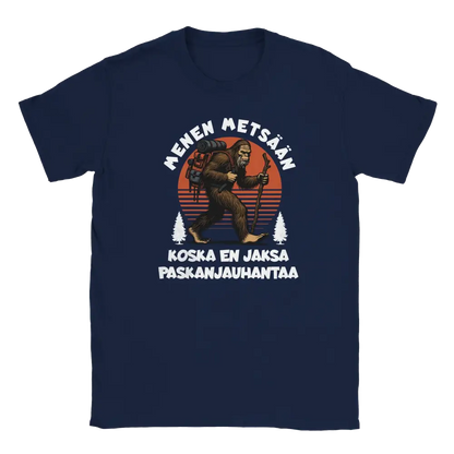 T-shirt featuring a gorilla hiker with a backpack and stick beside the Finnish words Menen mets��n.