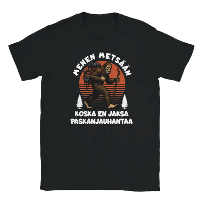 Black T-shirt featuring a gorilla hiker with a backpack and stick beside the Finnish words Menen mets��n.