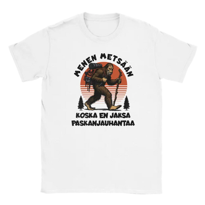 White T-shirt featuring a gorilla hiker with a backpack and stick beside the Finnish words Menen mets��n.