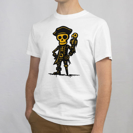 Valkoinen T-paita Merirosvo - T-paita piratesskeloni ja papukaijagrafiikalla