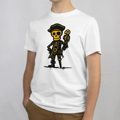 Valkoinen T-paita Merirosvo - T-paita piratesskeloni ja papukaijagrafiikalla