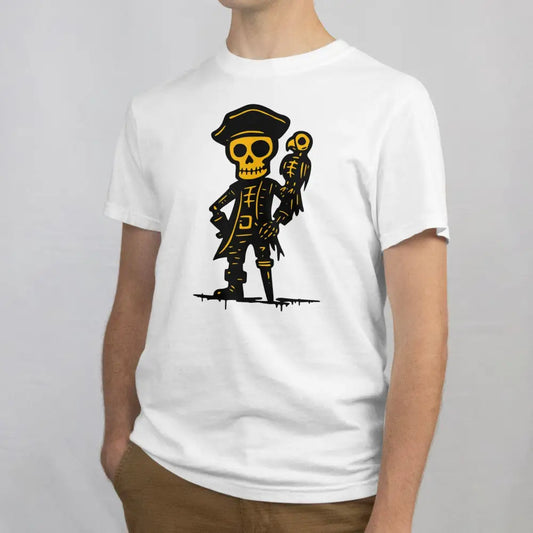 Valkoinen T-paita Merirosvo - T-paita piratesskeloni ja papukaijagrafiikalla