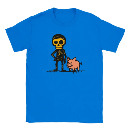 Sininen t-paita, jonka printissä luuranko taluttaa vaaleanpunaista miniporsasta.