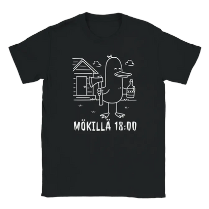 Black T-shirt featuring a duck outside a cottage with an axe and a bottle beside the Finnish words M�KILL� 18:00.