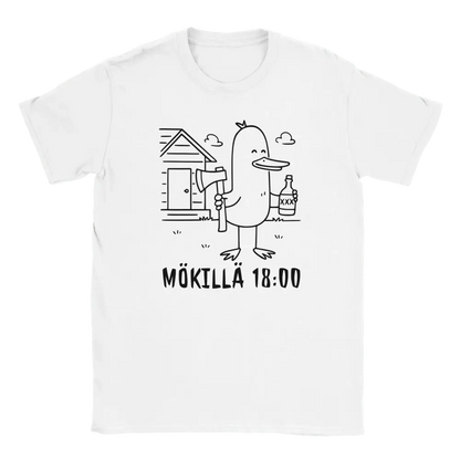 White T-shirt featuring a duck outside a cottage with an axe and a bottle beside the Finnish words M�KILL� 18:00.