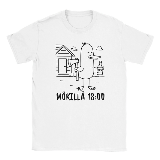 Valkoinen T-paita cartoon-ankka ja kirves ja pullo Mökillä Kello 18:00
