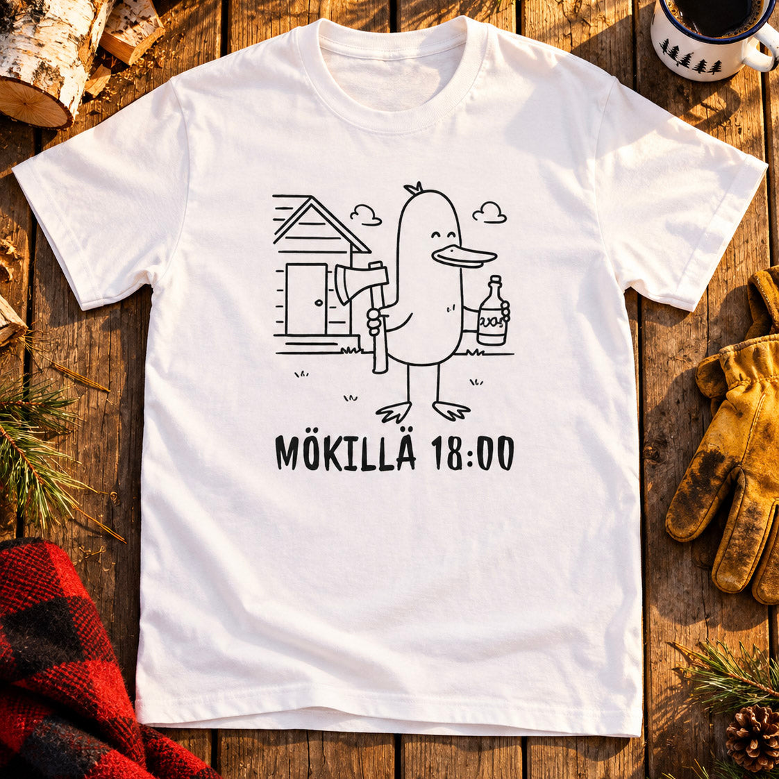T-shirt featuring a duck outside a cottage with an axe and a bottle beside the Finnish words M�KILL� 18:00.