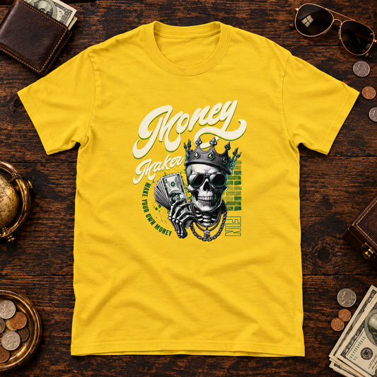 Themed flat-lay photograph of Money Maker - T-paita with accessories related to its printed design.