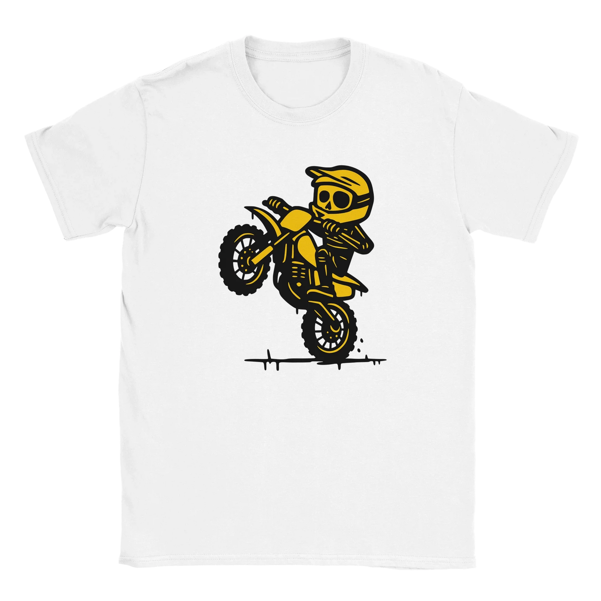 Mopoilija T-paita valkoinen t-paita keltainen skeleti dirt bike -grafiikka