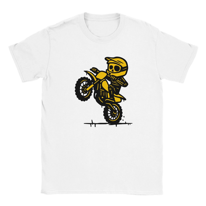 Mopoilija T-paita valkoinen t-paita keltainen skeleti dirt bike -grafiikka