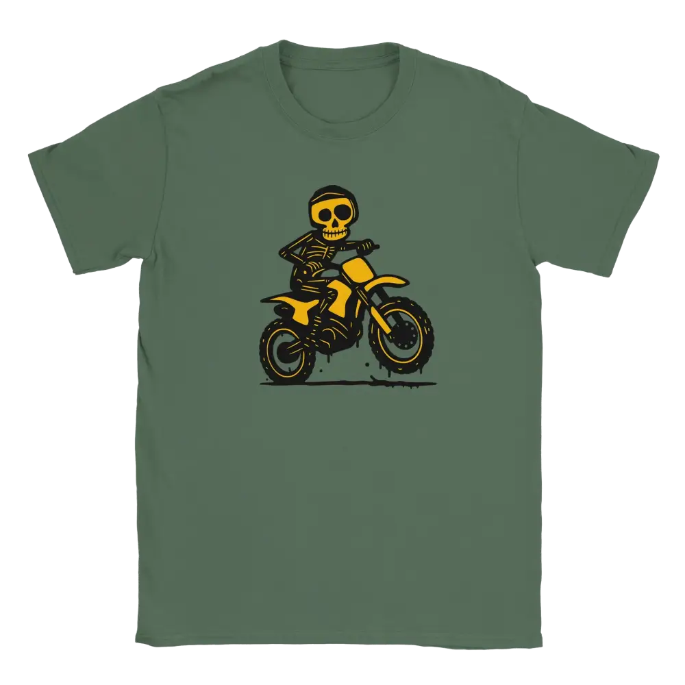 Green T-shirt featuring a skeleton riding a motocross bike.