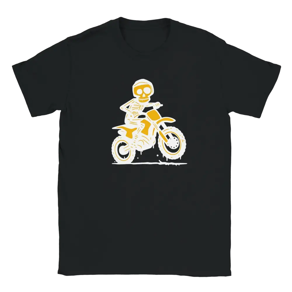 Musta lyhythihainen crewneck T-paita Skeleton riding dirt bike grafiikalla Motocross T-paita