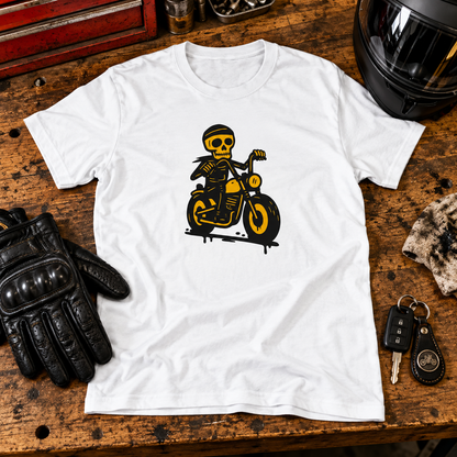 Themed flat-lay photograph of Motoristi - T-paita with accessories related to its printed design.