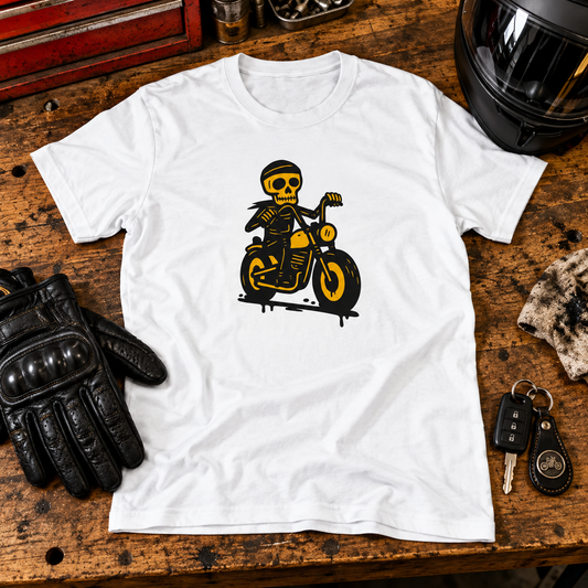 Themed flat-lay photograph of Motoristi - T-paita with accessories related to its printed design.