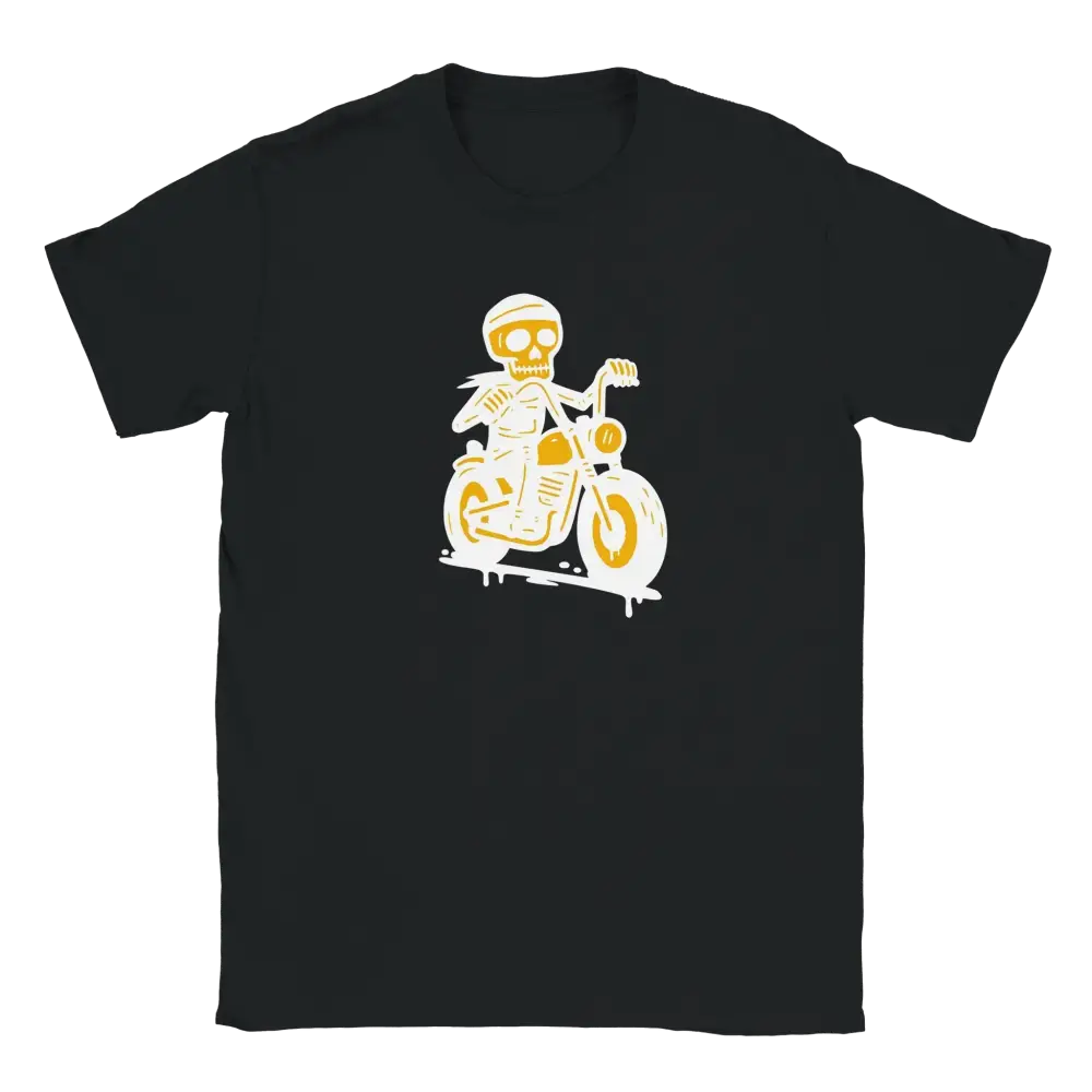 Musta Motoristi T-paita, keltainen ja valkoinen luuranko moottoripyörällä grafiikalla