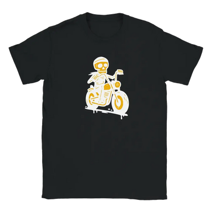 Musta Motoristi T-paita, keltainen ja valkoinen luuranko moottoripyörällä grafiikalla