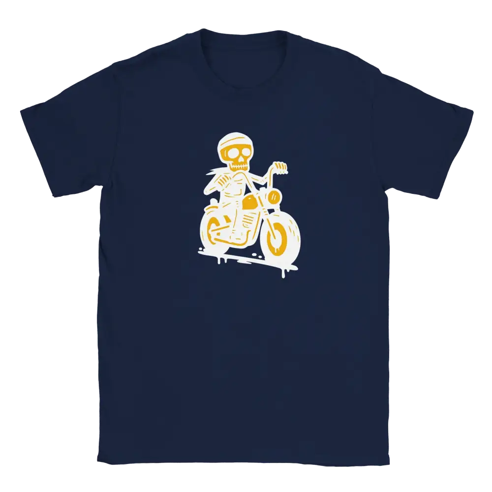 Navy blue T-shirt featuring a skeleton riding a motorcycle.