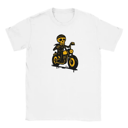 Motoristi T-paita valkoinen lyhythihainen t-paita skeletorilla moottoripyörässä grafiikalla