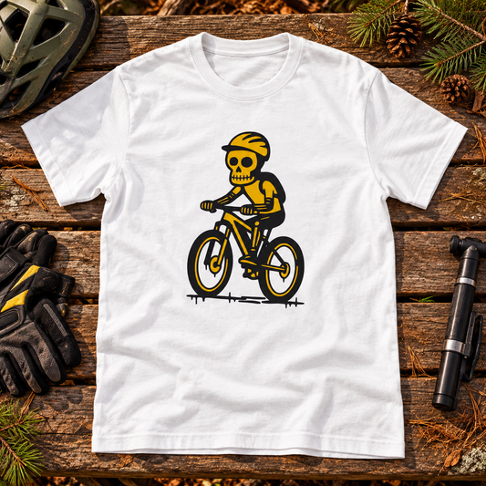 White MTB skeleton mountain biking T-shirt on a wooden bench with a helmet, pump and cycling gloves.