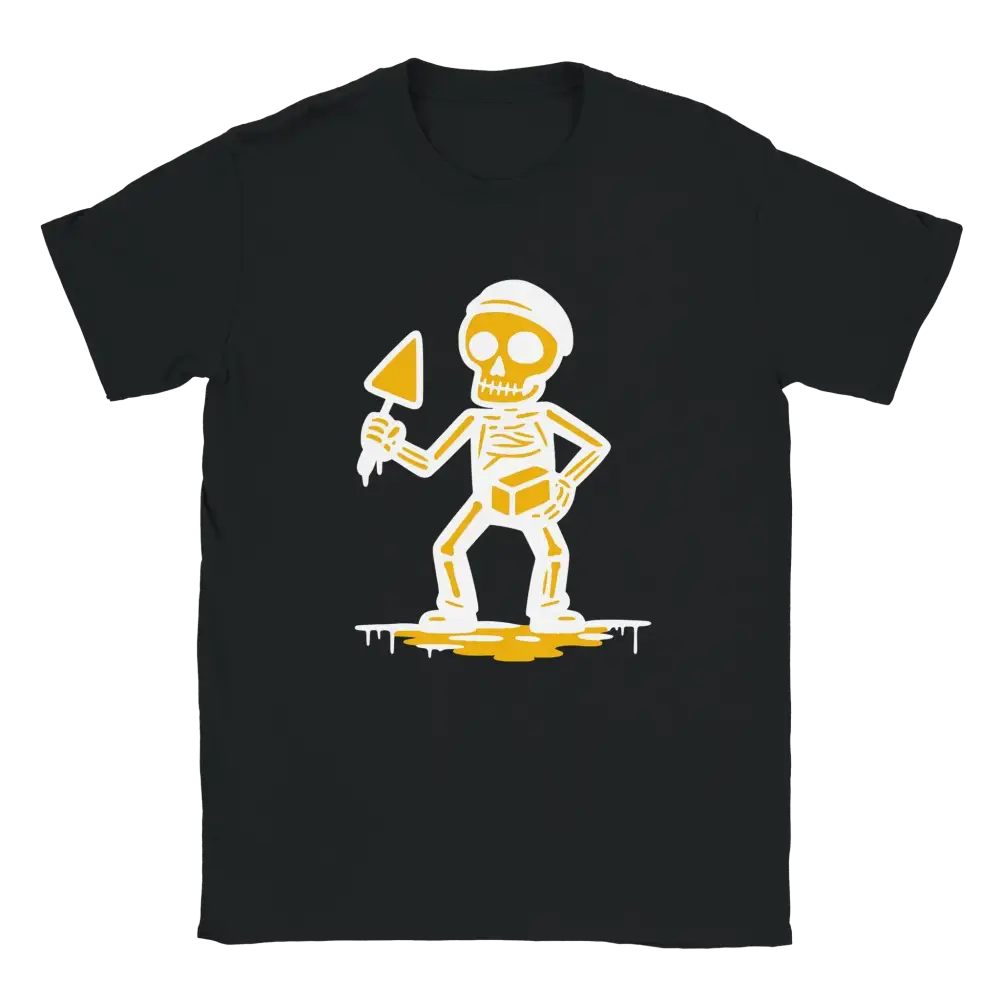 Muurari T-paita mustavalkoinen luuranko ja lapio design, unisex t-paita