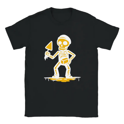 Muurari T-paita mustavalkoinen luuranko ja lapio design, unisex t-paita