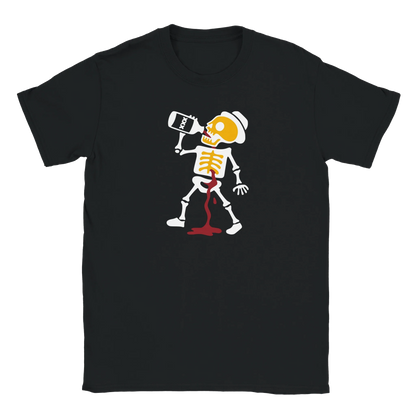 Mustavalkoinen crew-neck T-paita cartoonin luurangosta juomassa pullosta ja vuotaen punaista nestettä