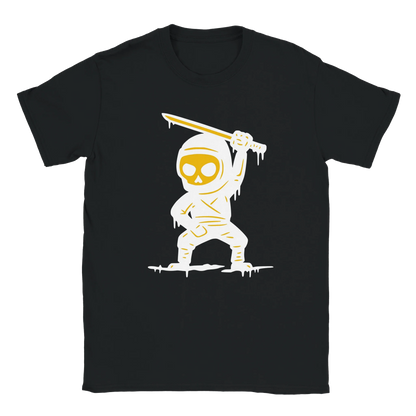 Musta T-paita valkoisella ja kullalla varustetulla Ninja Skeleton -grafiikalla