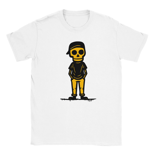 Valkoinen short-sleeve T-paita Norkoilija with cartoon skeleton in black T-paita ja keltaiset housut