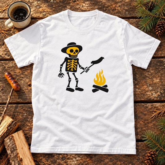 Themed flat-lay photograph of Nuotio Makkara - T-paita with accessories related to its printed design.