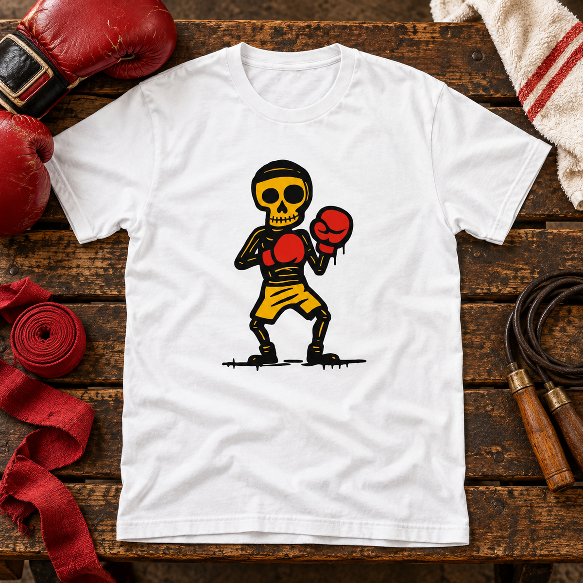 White Nyrkkeilijä skeleton boxer T-shirt on a wooden gym bench with boxing gloves, hand wraps and skipping rope.