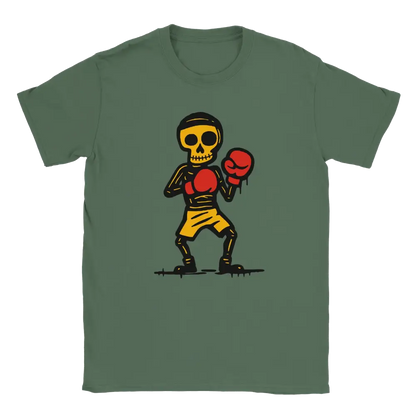 T-shirt featuring a skeleton in red boxing gloves and yellow shorts.