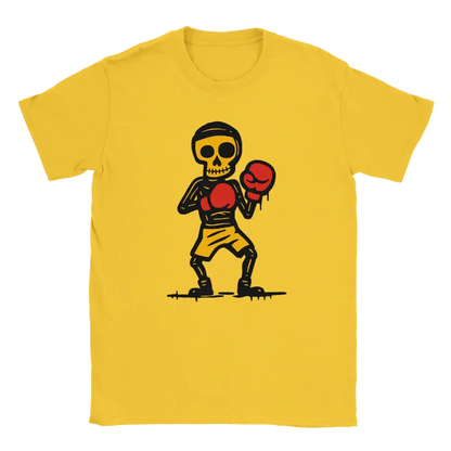 T-shirt featuring a skeleton in red boxing gloves and yellow shorts.