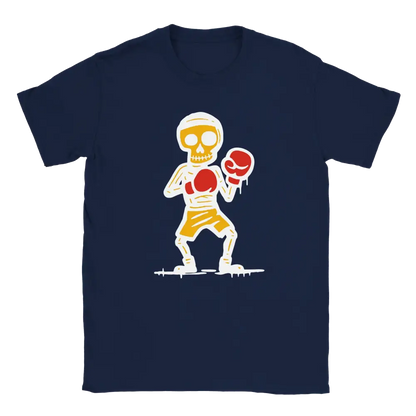 T-shirt featuring a skeleton in red boxing gloves and yellow shorts.