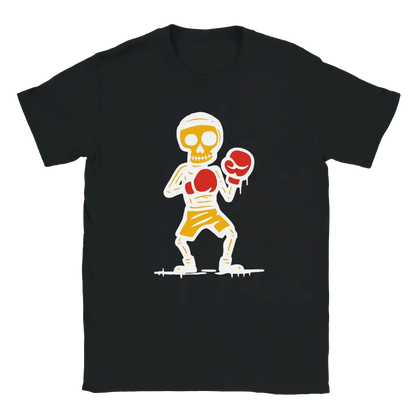 Black T-shirt featuring a skeleton in red boxing gloves and yellow shorts.
