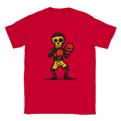 T-shirt featuring a skeleton in red boxing gloves and yellow shorts.