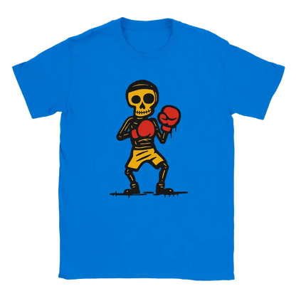 T-shirt featuring a skeleton in red boxing gloves and yellow shorts.
