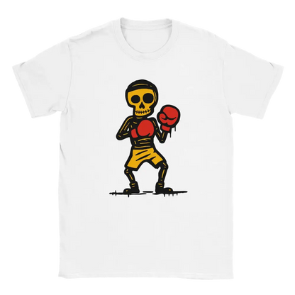 White T-shirt featuring a skeleton in red boxing gloves and yellow shorts.